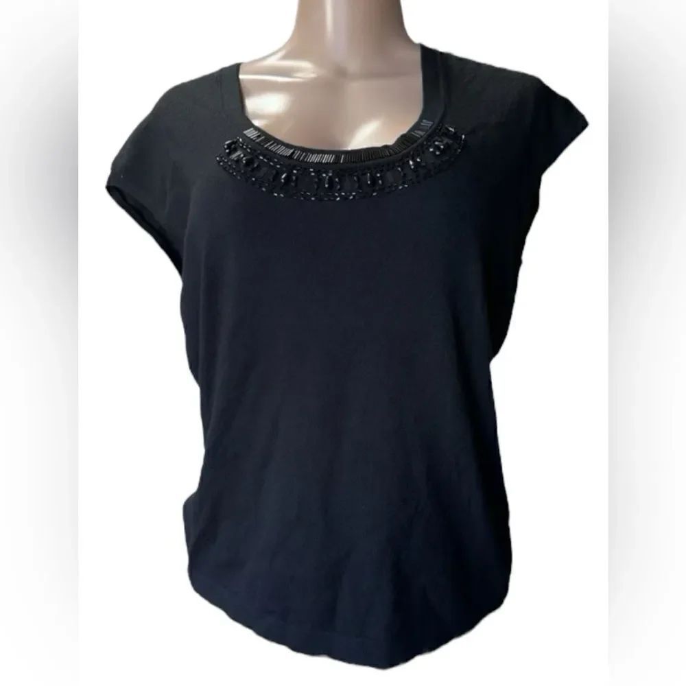 Chico's Solid Black Top Blouse Shirt Size
1 Round Neck Embellished Short Sleeve